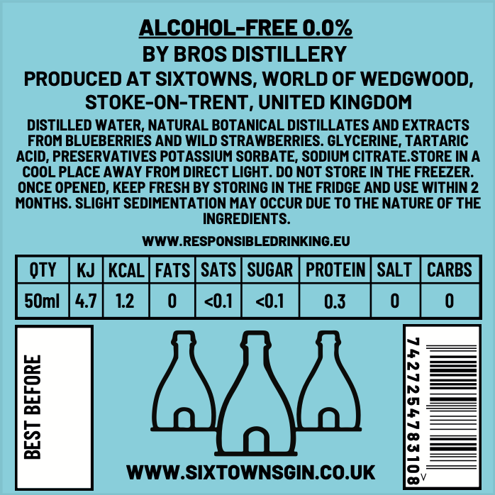 Back label of SIXTOWNS Alcohol-Free 0.0% spirit showing nutritional information, ingredients, barcode and ceramic bottle icons